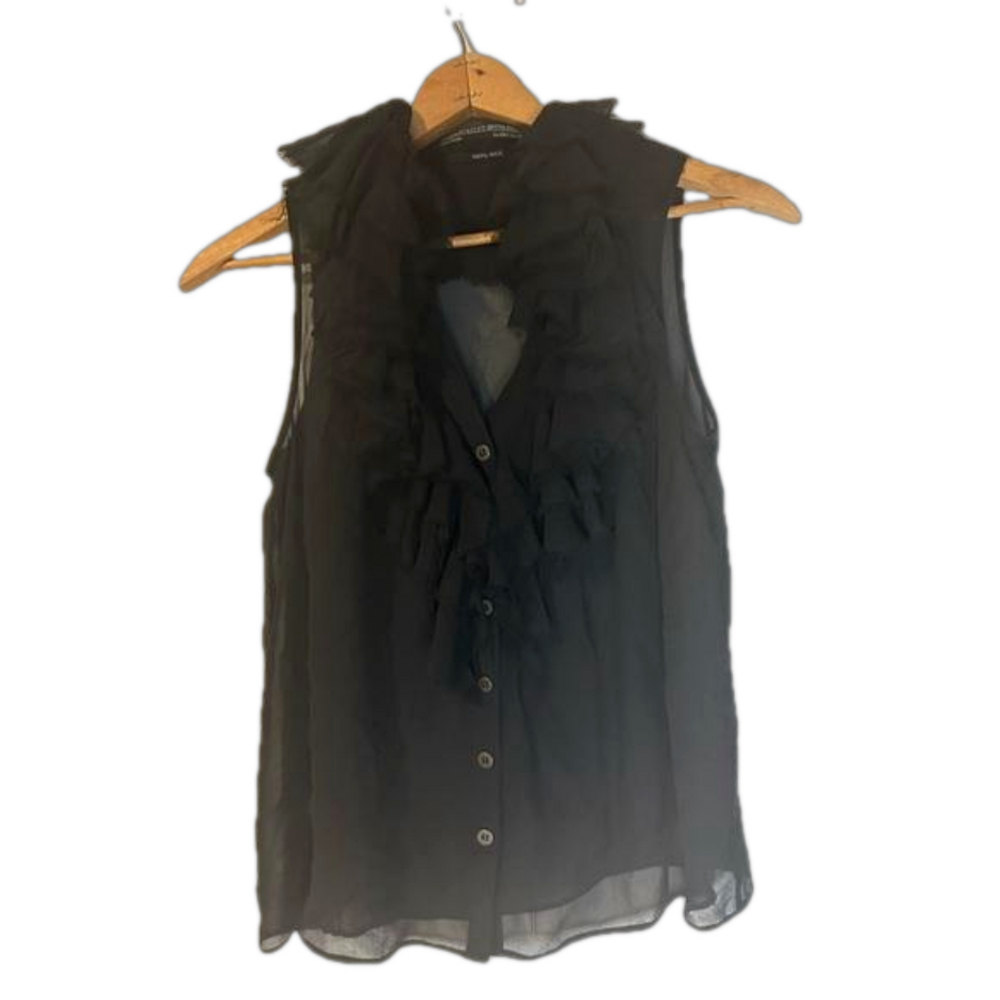All Saints Black Tiered Layered Button Up Blouse Sleeveless Top 100% Silk